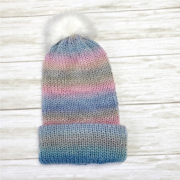 Pom Pom Hat, Knit Hat, Striped Hat, Pastel Beanie, Brand New, Never Worn - Picture 4 of 4